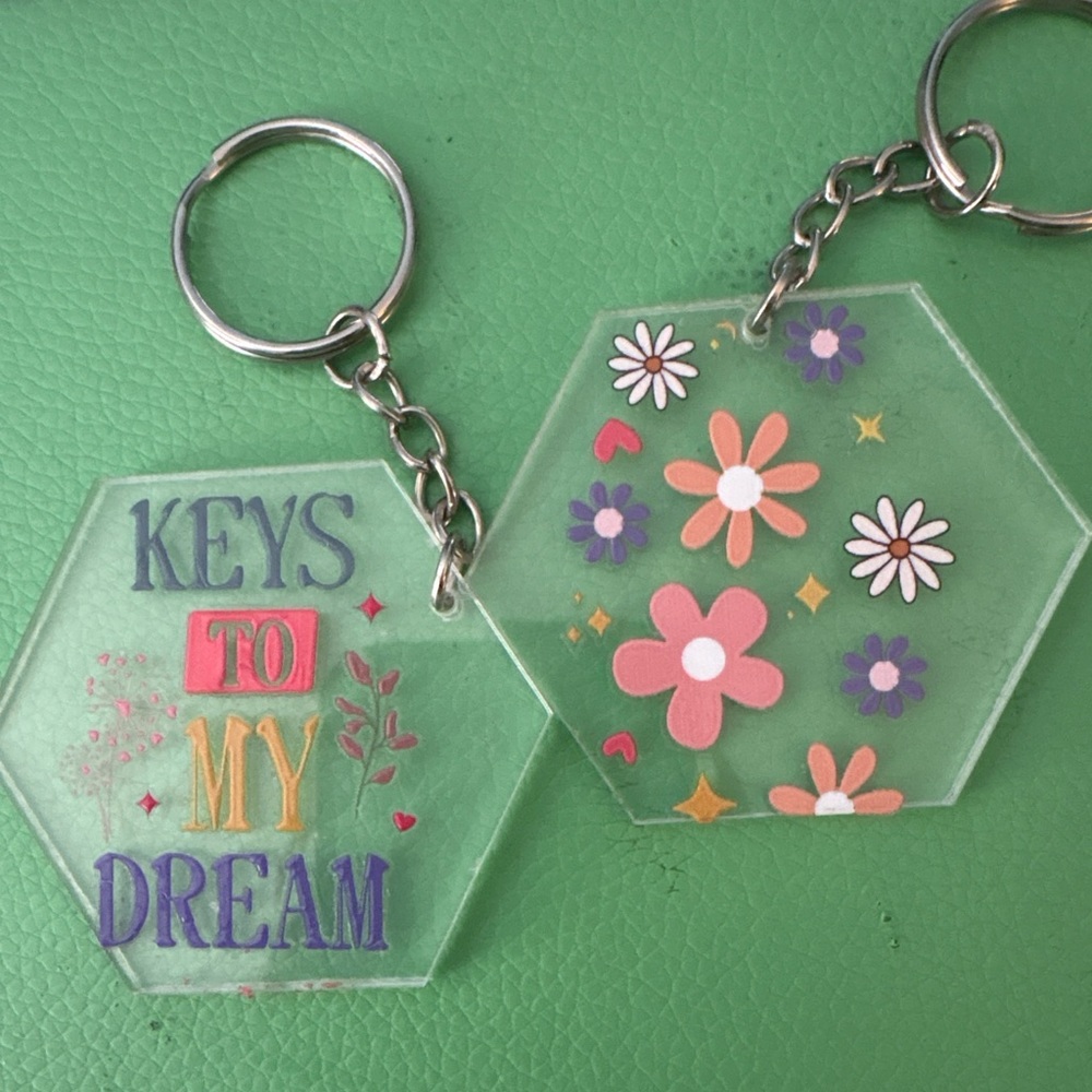 Hexagon Acrylic Keychains – Floral Vibes & “Keys to My Dream”